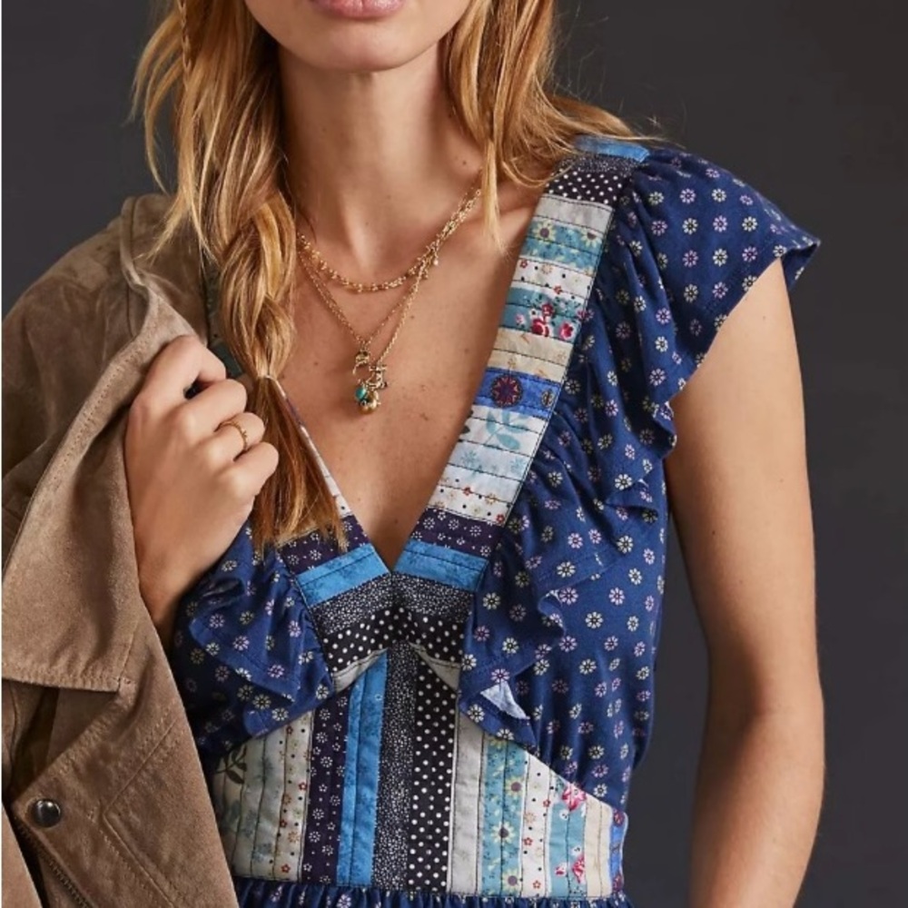 Blue Patchwork V-Neck Cap Sleeve Blouse